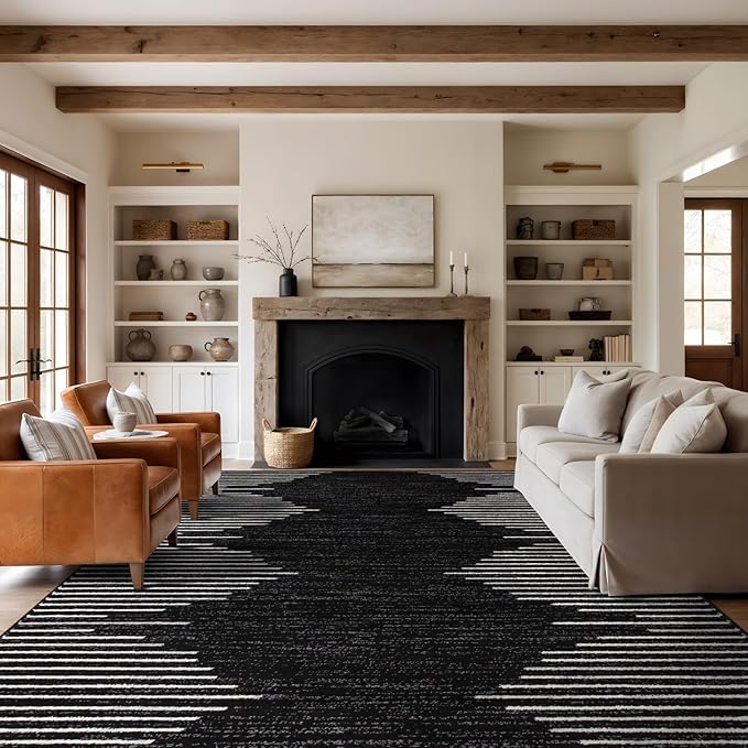 Rugshop Bohemian Stripe Stain Resistant High Traffic Living Room Kitchen Bedroom Dining Home Office Area Rug 12' x 15' Black