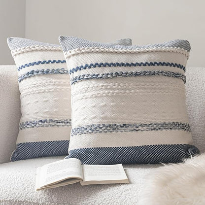 Boho Throw Pillow Covers 18x18 Inch Set of 2, Navy Blue Textured Decorative Couch Pillow Cases for Farmhouse Home Decor, Accent Cushion Cover for Sofa, Bed, Living Room, Bedroom