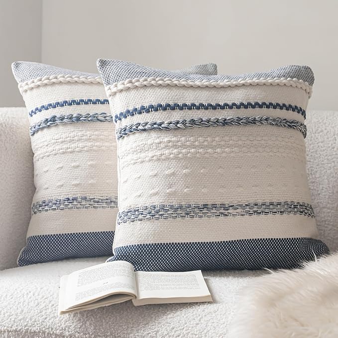 Boho Throw Pillow Covers 20x20 Inch Set of 2, Navy Blue Textured Decorative Couch Pillow Cases for Farmhouse Home Decor, Accent Cushion Cover for Sofa, Bed, Living Room, Bedroom