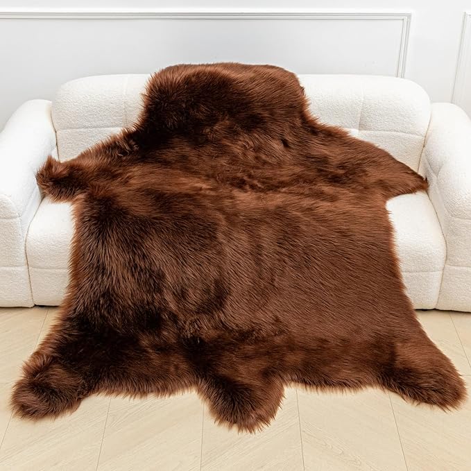 Brown Bear Rug Faux Cowhide Rug Animal Print Area Rug Faux Sheepskin Fur Carpet Decor for Living Room Brown 5.1x6.1 Feet