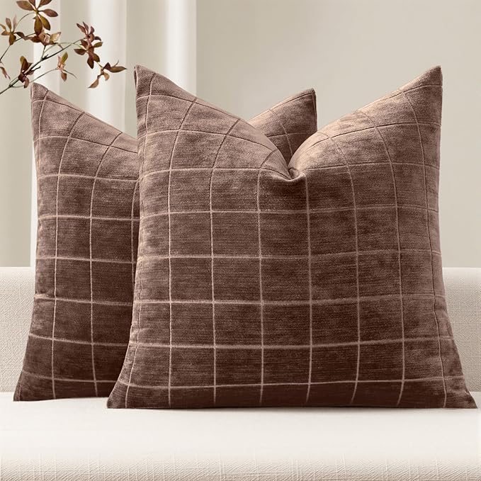 MIULEE Decorative Chenille Check Throw Pillow Covers Vintage Plaid Couch Pillows 20x20 Inch Set of 2 Neutral Boho Farmhouse Cushion Covers Modern Home Decor for Sofa Bed Living Room Reddish Brown