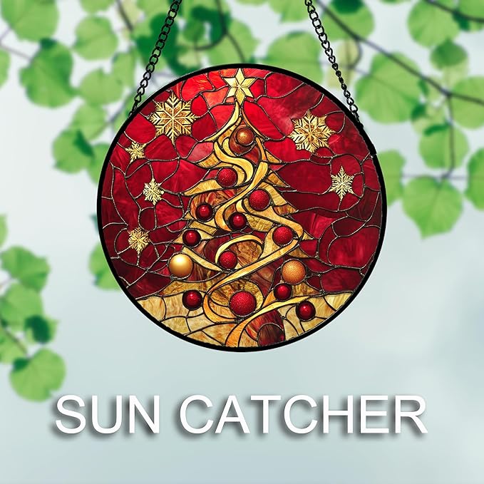DASTOLL Stained Glass Window Hanging 4 Pcs Set Red Christmas Elk Snowflakes 9.8" - Deer Suncatcher Door Garden Sun Catcher Decor Birthday for Mom Woman Nana Men Friend