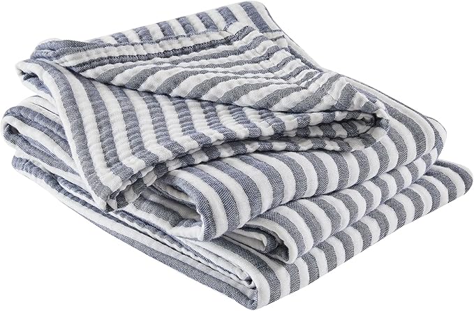 EMME Cotton Muslin Queen Blanket Bed Layering Bedspread Coverlet Breathable Gauze Soft Lightweight Adults (Striped Navy, 90"x90")