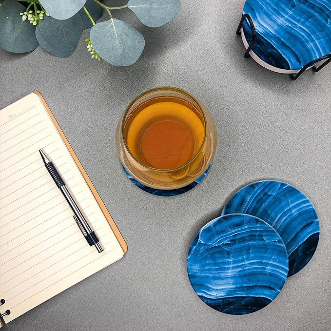 Emerson Coasters for Drinks Absorbent – Dining Table Set of 6 with Holder, 100% Ceramic Wooden Tabletop Protection Marble Style - Non Slip & Cork Bottom - Heavy Duty (Blue Stone)