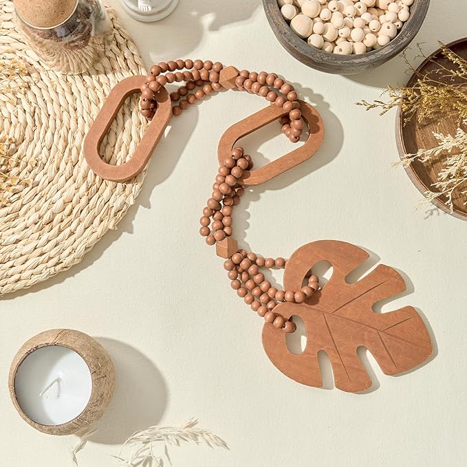 Unique Wood Beads with Chain Link and Leaf, Decorative Beads Home Decor, Knot Beaded Garland Decor, Housewarming Gift, Brown