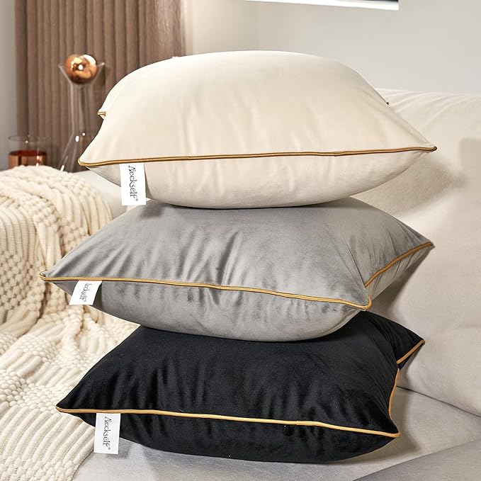 Aeckself Pack of 2 Gray Velvet Pillow Covers 24 x 24 Inch, Large Modern Luxury Decorative Pillowcase with Gold Trim Edge, Comfortable Soft Solid Cushion Case for Couch Bedroom Living Room