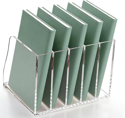 YUXUN Clear Acrylic File Folder Holder - 5 Vertical Compartments Desk Document Sorter, Upright Magazine Rack for Office/Home/Classroom, Stores Documents, Tablets, Magazines, Books & Accessories