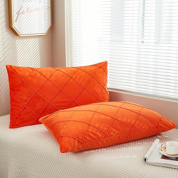 JAUXIO Diamond Pinch Pleated Crystal Velvet Pillowcases 2 Pack Solid Pintuck Throw Cushion Cover for Home Decor Hidden Zipper Closure (Bright Orange, Standard)