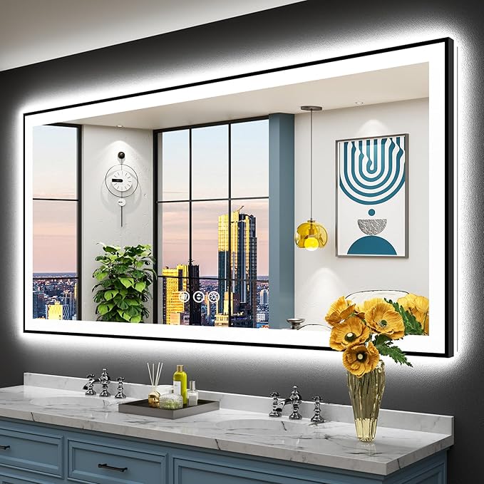 72x36 Black Framed LED Bathroom Mirror with Lights, Backlit and Front Lit, Anti-Fog Lighted Vanity Mirrors for Bathroom Wall, Dimmable, 3-Color Light, Memory, Shatter-Proof, HD Tempered Glass