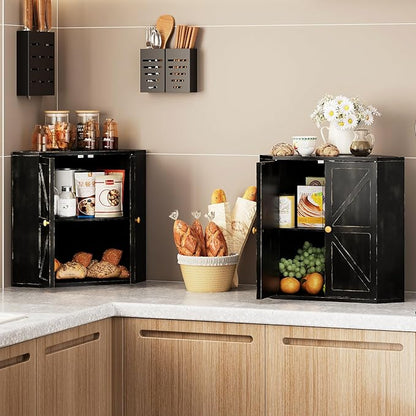 Corner Bread Box for Kitchen Counter Double Layer Bamboo Bread Storage Container Large Capacity Bread Storage Bin Farmhouse Breadbox Organizer (Antique Black)