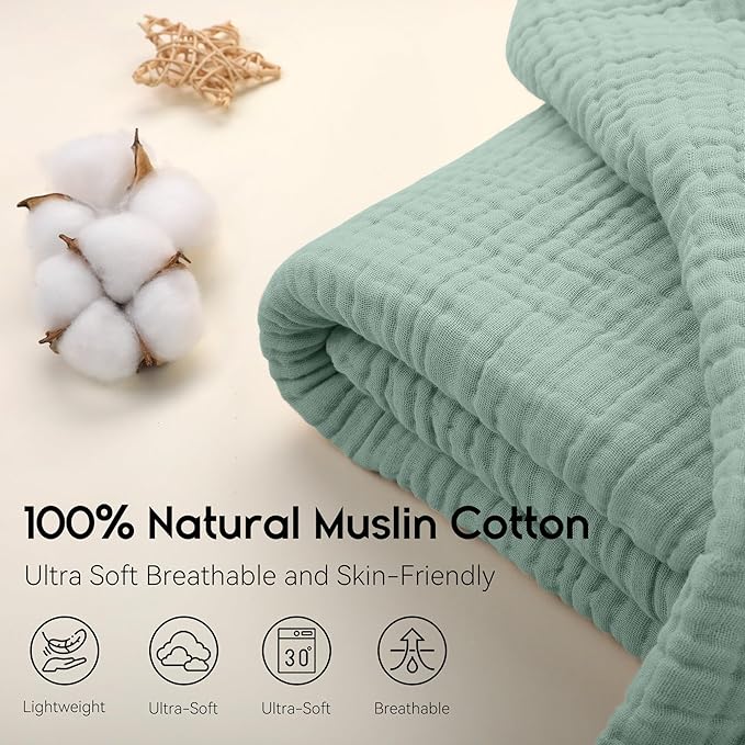 Yoofoss Muslin Blanket 100% Organic Cotton Large Twin Size 60" x 80" for Bed Couch Summer Gauze Blanket for Adults Lightweight and Breathable Dark Green