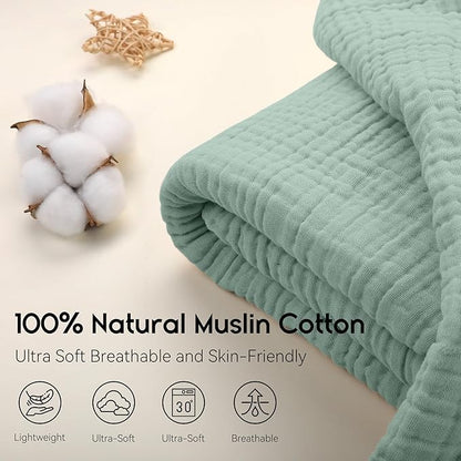 Yoofoss Muslin Blanket 100% Organic Cotton Large Twin Size 60" x 80" for Bed Couch Summer Gauze Blanket for Adults Lightweight and Breathable Dark Green