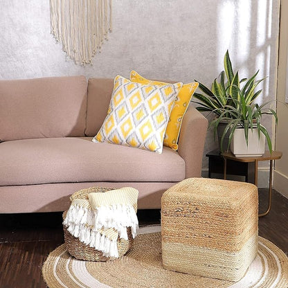 REDEARTH · Cube Pouf Ottoman - Braided Pouffe Accent Sitting Square Footrest for Living Room, Bedroom, Nursery, kidsroom, Patio, Gym; 100% Jute (14.5"x14.5"x16"; Natural Ivory)