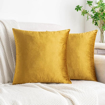 HWY 50 Dark Gold Velvet Throw Pillow Covers 16x16 Inch, Pack of 2 Soft Cozy Solid Decorative Luxury Cushion Cases for Couch Sofa Bed Living Room Bedroom