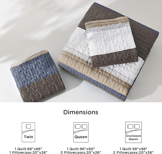 Litanika Quilt Queen Size BluC, Stripe Patchwork Summer Bedspread Coverlet 3 Pieces, Soft Lightweight Microfiber Quilted Bedding Set for All Season(1 Quilt, 2 Pillowcases)