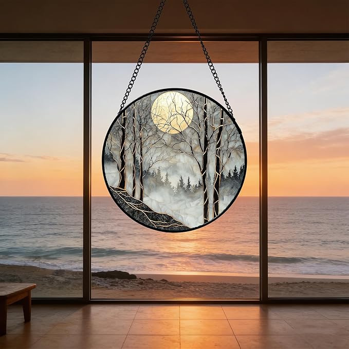 Stained Glass Window Hanging - Black and White Gold Moon Forest Sun Catcher for Door Home Decor Suncatcher Christmas Mother's Day Birthday Gifts for Women Men Lovers Mom Nana 11.8 in