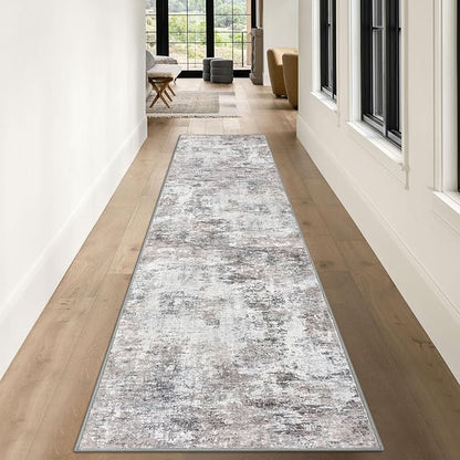 Modern Abstract 3x10 Runner Rug, Beige Grey Neutral Washable Long Kitchen Runner Non-Slip Soft Hallway Rug Runner Thin Print Faux Wool Carpet for Entryway Hall Bedroom
