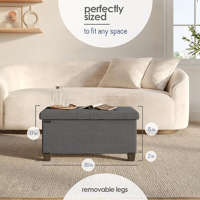 StorageBud Storage Ottoman Bench with Bins, 30-in Storage Bench for Bedroom End of Bed, Folding Foot Rest Ottoman for Living Room Max 660lbs, Fabric Ottomans, Grey