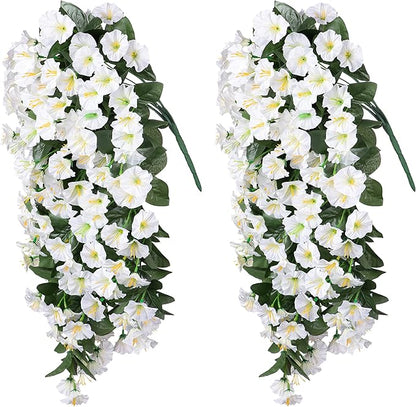 HyeFlora Artificial Fake Hanging Flowers Plants Vines for Outdoor Summer Decoration, 2PCS Faux Silk White Morning Glory Look Real UV Resistant for Home Outside Planter Porch Patio