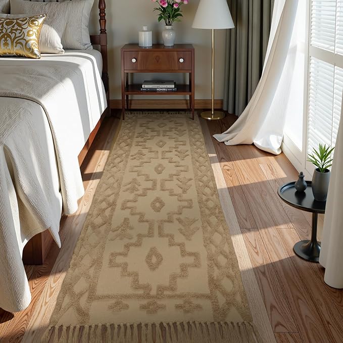 Uphome Boho Runners for Hallways 2.6' x 10', Washable Farmhouse Entryway Runner Rug, Cotton Tufted Bedroom Runner Rugs, Bohemian Tribal Aesthetic Rug for Kitchen Doorway Bathroom Living Room, Khaki