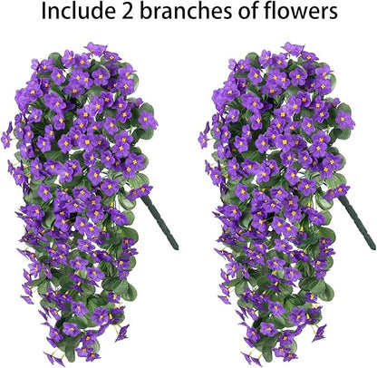 HyeFlora Artificial Faux Hanging Plants Flowers Vines for Outdoor Outside Winter Decoration, 2PCS Fake Silk Purple Daisy Mums UV Resistant Look Real Orchid Vine for Front Door Porch Planter Balcony