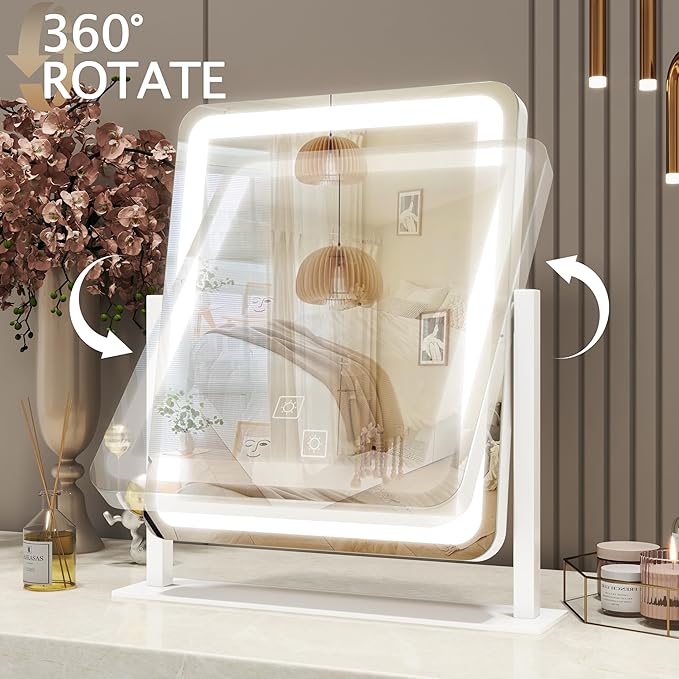 HNV Vanity Mirror with Lights – 15"x13" Large Makeup Mirror with Light, 3-Color Dimmable LED, Touch Screen, 360° Rotation, Tabletop Vanity Mirror for Bedroom or Desk (White)