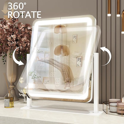 HNV Vanity Mirror with Lights – 15"x13" Large Makeup Mirror with Light, 3-Color Dimmable LED, Touch Screen, 360° Rotation, Tabletop Vanity Mirror for Bedroom or Desk (White)