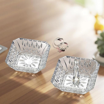 Clear Crystal Ring Holder Set of 2 Glass Jewelry Ring Dish Tray Decor for Engagement Wedding Party Gifts