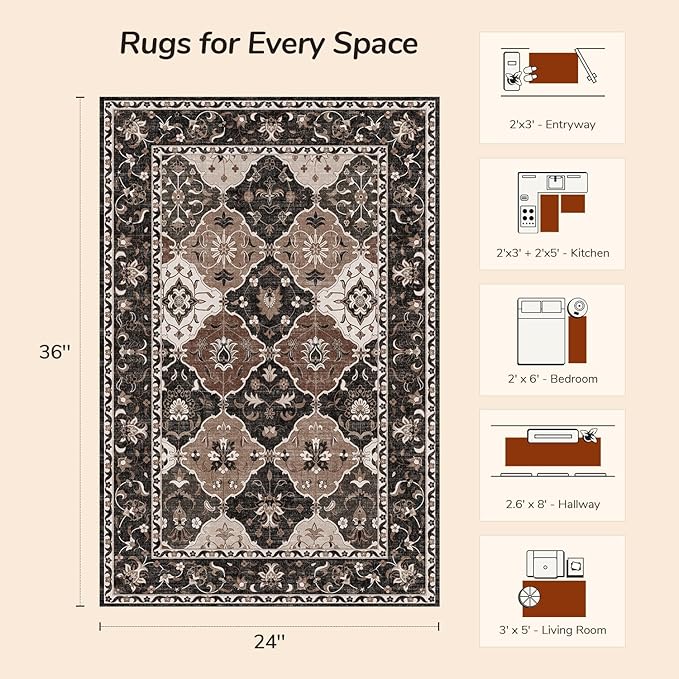 Lessymo Moroccan Washable Rugs for Entryway, Faux Wool 2x3 Small Area Rug for Kitchen Bathroom Corridor - Non-Slip Indoor Door Mat Low Plie Stain Resistant Boho Runner Rug, Taupe and Beige