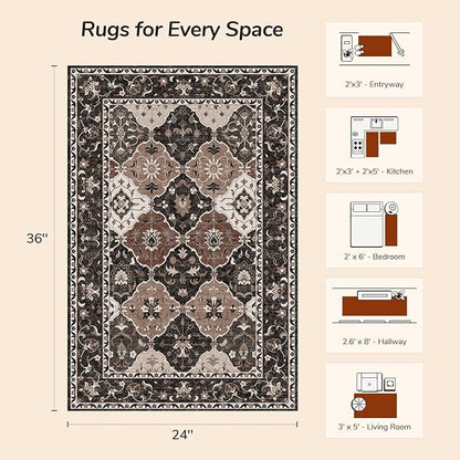 Lessymo Moroccan Washable Rugs for Entryway, Faux Wool 2x3 Small Area Rug for Kitchen Bathroom Corridor - Non-Slip Indoor Door Mat Low Plie Stain Resistant Boho Runner Rug, Taupe and Beige