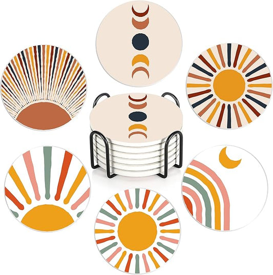 Drink Coasters with Holder,6 Pcs Boho Minimalist Sun Moon Design, Water-Absorbent Beverage Pads for Dining Table Decor & Glass Protection