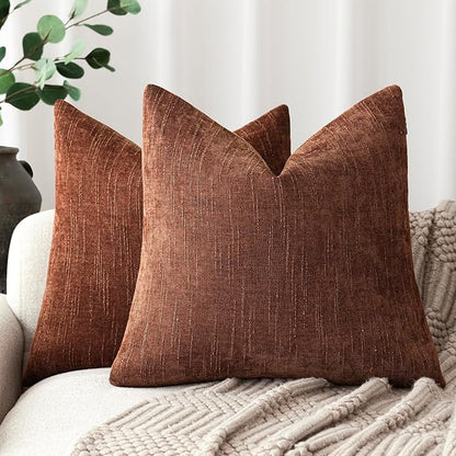 Foindtower Pack of 2 Soft Textured Chenille Throw Decorative Pillow Covers Square Accent Solid Cushion Cover Cozy Neutral Farmhouse Pillow Case for Couch Sofa Bedroom Living Room 16x16 Inch,Red Taupe