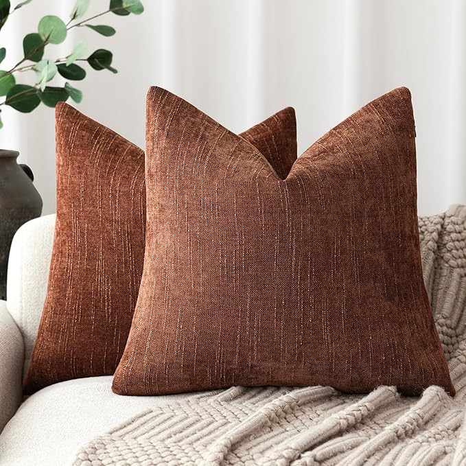 Foindtower Pack of 2 Soft Textured Chenille Throw Decorative Pillow Covers Square Accent Solid Cushion Cover Cozy Neutral Farmhouse Pillow Case for Couch Sofa Bedroom Living Room 18x18 Inch,Red Taupe