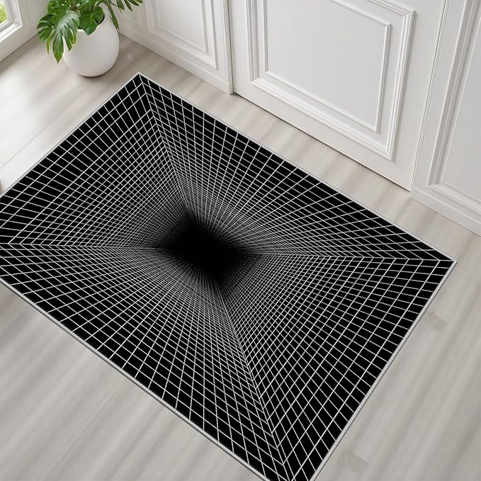 Optical Illusion Rug - Washable Rugs 2x3, Abstract Geometric Lines Soft Neutral Indoor Floor Mats Plaid Carpet, Non-Slip Stain Resistant Modern Black Rug for Bedroom, Living Room Rugs