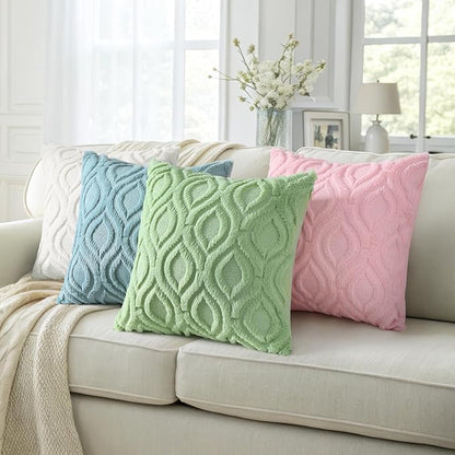 decorUhome Spring Throw Pillow Covers 16x16 Inch Set of 2, Soft Plush Faux Wool Sage Green Solid Couch Pillow Covers, Accent Farmhouse Neutral Square Pillow Cases for Sofa Bed Living Room