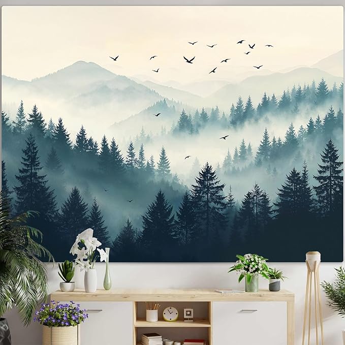 Haibimen Forest Mountain Tapestry Wall Hanging Green Pine Tree Bird Nature Forest Tapestrise for Bedroom Morning Mist Aesthetics Wall Decor for Living Room Dorm (forest-2, 60''×44'')