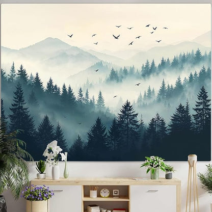 Haibimen Forest Mountain Tapestry Wall Hanging Green Pine Tree Bird Nature Forest Tapestrise for Bedroom Morning Mist Aesthetics Wall Decor for Living Room Dorm (forest-2, 80''×60'')