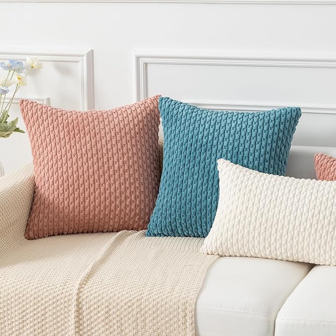 Kevin Textile Throw Pillow Covers Soft Corduroy Decorative Set of 2 Boho Striped Pillow Covers Pillowcases Farmhouse Home Decor for Couch Bed Sofa Living Room 24x24 Inch Light Blue