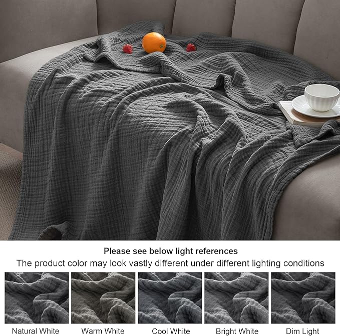 PHF 100% Cotton Muslin Blanket King Size 108"x90", 4-Layer Lightweight Gauze Throw, Breathable Cloud-Soft Minimalist Blanket for Bed, Couch, Camping & Baby, Greyish Black, Ideal Gift