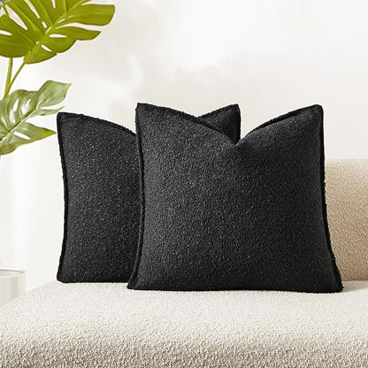 JUSPURBET Black Decorative Pillow Covers 18x18 Set of 2 Throw Pillow Covers for Couch Sofa Bed Cozy Boucle Textured Cushion Covers Cases with Hidden Zipper for Living Room Home Decor