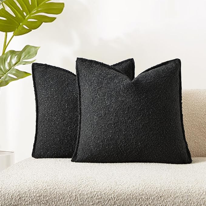 JUSPURBET Black Decorative Pillow Covers Set of 2 Throw Pillow Covers for Couch Sofa Bed Cozy Boucle Textured Cushion Covers Cases with Hidden Zipper for Living Room Home Decor 16x16