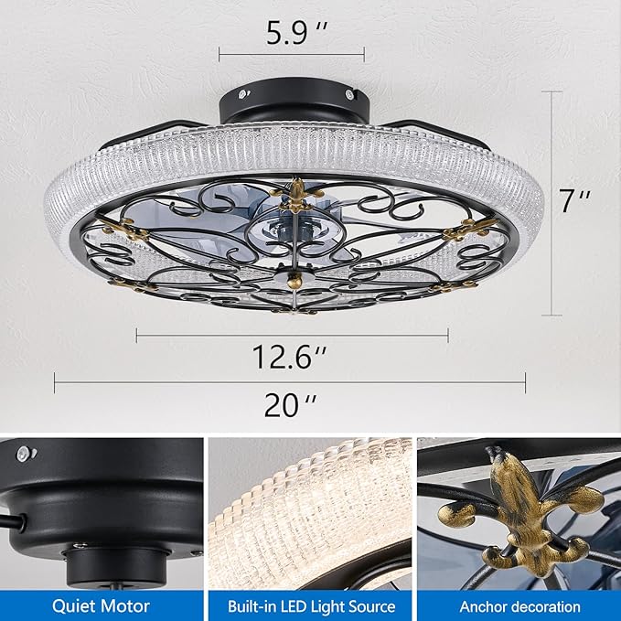 Rustic Black Caged Ceiling Fan with Light, Farmhouse Ceiling Fan Remote Control with Crystal, LED Low Profile Ceiling Light for Bedroom Kitchen Living Room