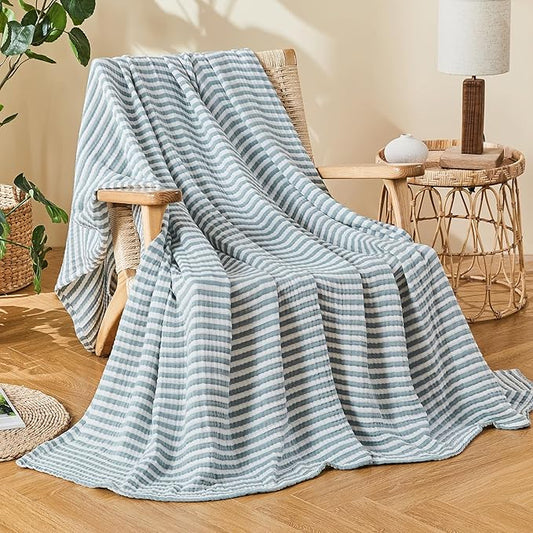 EMME Cotton Muslin Large Throw Blanket Couch Breathable Gauze Soft Lightweight Bed Blankets Adults (Striped Teal, 50"x70")