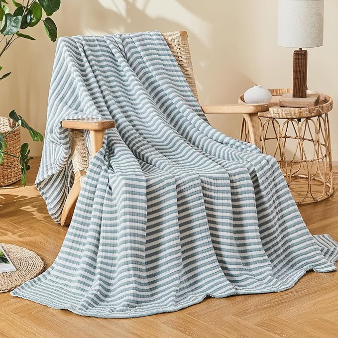 EMME Cotton Muslin Queen Blanket Bed Layering Bedspread Coverlet Breathable Gauze Soft Lightweight Adults (Striped Teal, 90"x90")