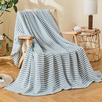 EMME Cotton Muslin Twin XL Blanket Breathable Gauze Soft Lightweight Adults Gifts for Women (Striped Teal, 66"x90")