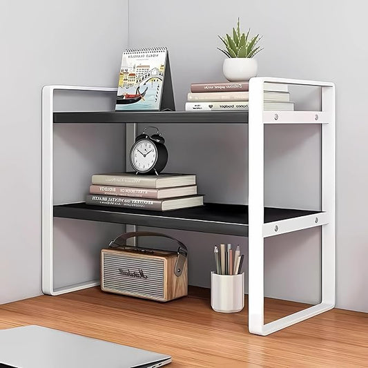 Hbluefat Desktop Organizer Shelf, 2-Tier Multipurpose Tabletop Storage Bookshelf, Small Wooden Countertop Storage Rack for Home Office Kitchen (Black+White)