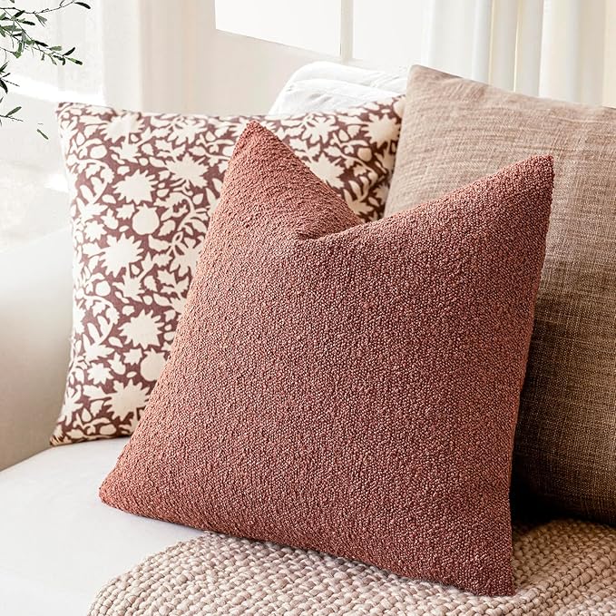 Foindtower Decorative Textured Boucle Throw Pillow Covers Accent Solid Pillow Cases Neutral Soft Cozy Couch Cushion Case for Chair Sofa Bedroom Living Room Home Decor 24x24 Inch,1PC,Orange Rust Red