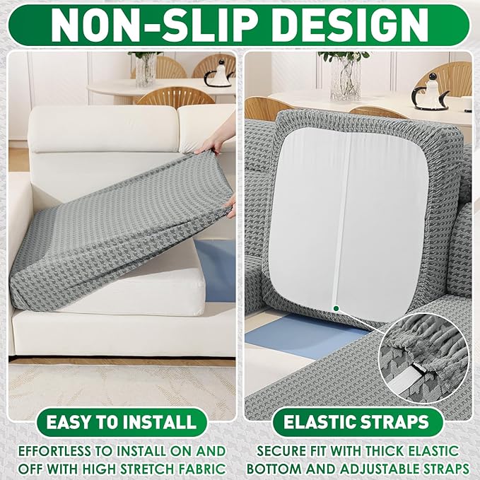 MAXIJIN Couch Cushion Covers for Sectional Sofa, Stretch Sofa Cushion Cover Washable Furniture Protector with Elastic Bottom & Non-Slip Strap for Pets Kids (1PC Seat Cover, Light Gray)