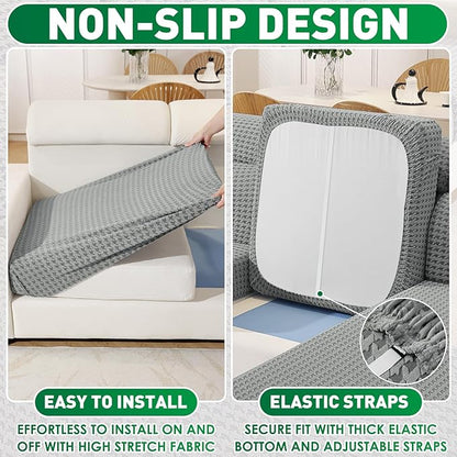 MAXIJIN Couch Cushion Covers for Sectional Sofa, Stretch Sofa Cushion Cover Washable Furniture Protector with Elastic Bottom & Non-Slip Strap for Pets Kids (1PC Seat Cover, Light Gray)