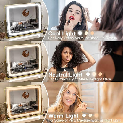 FENNIO Gold Vanity Mirror with Lights 22"x19", LED Lighted Makeup Mirror, Large Makeup Mirror, Make up Mirror with Lighting,Touch Screen with 3-Color Lighting,Dimmable,for Vanity Desk Tabletop